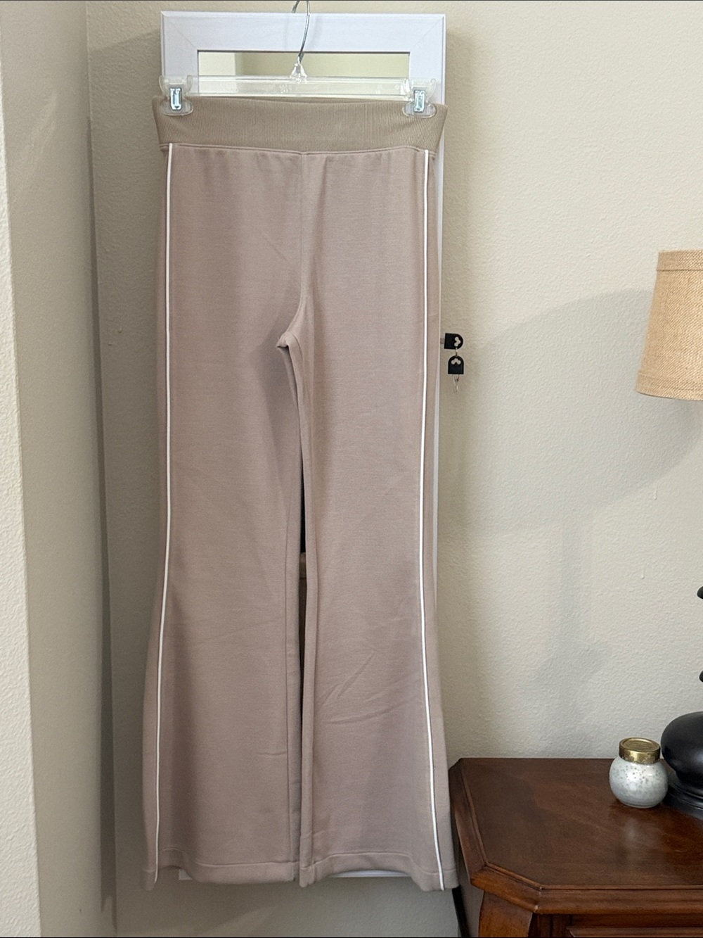 SPANX Taupe Wide-Leg Pants with White Side Stripe